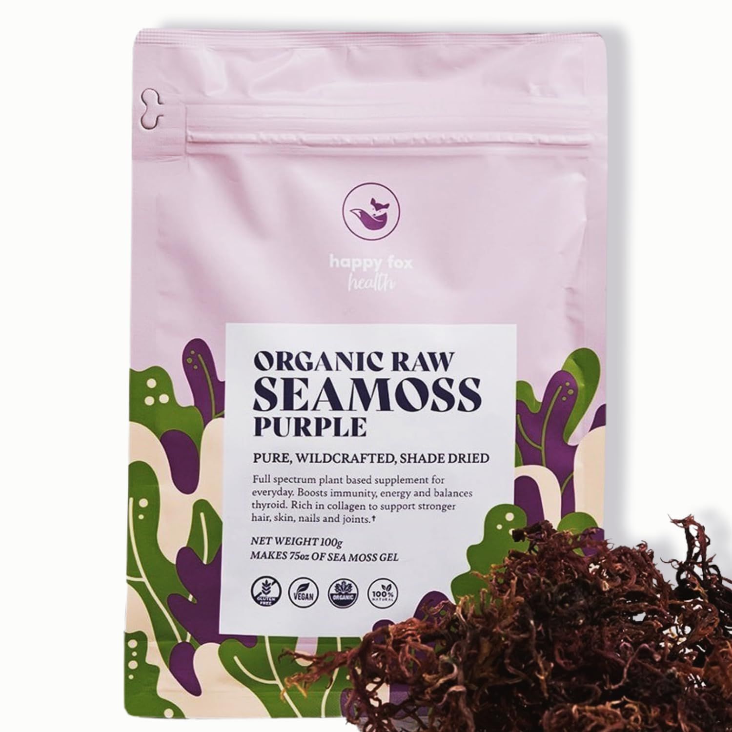 HAPPY FOX Organic Sea Moss Raw Purple - Makes 75oz of Seamoss Gel Rich in Phytonutrients Minerals, Certified Non-GMO, Wildcrafted, Superfood - 100 gram Bag