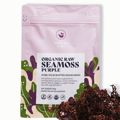 HAPPY FOX Organic Sea Moss Raw Purple - Makes 75oz of Seamoss Gel Rich in Phytonutrients Minerals, Certified Non-GMO, Wildcrafted, Superfood - 100 gram Bag