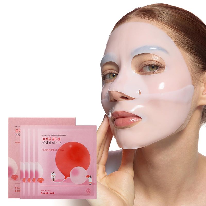 ROUND LAB Camellia Collagen Mask NET wt. 34 g1.19 Fl Oz 4ea, 30min Hydrogel Mask, Quick Hydration, FirmingPore Minimizing, For sensitive skin, Micro molecule collagen, Facial Mask