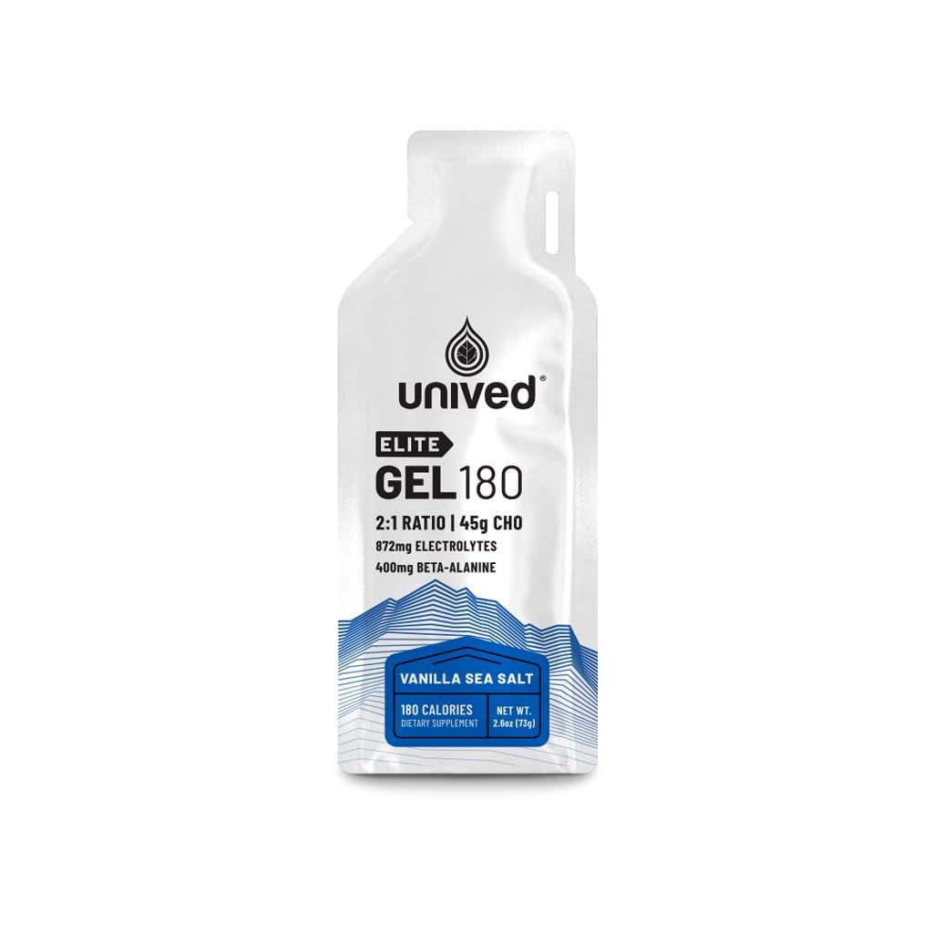 Unived Elite Gel 180-21 Ratio of Simple Complex Carbs with Beta Alanine Essential Electrolytes - for Endurance Athletes Runners Cyclists -180kcal - Vanilla Sea Salt - Pack of 6