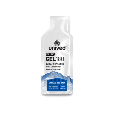 Unived Elite Gel 180-21 Ratio of Simple Complex Carbs with Beta Alanine Essential Electrolytes - for Endurance Athletes Runners Cyclists -180kcal - Vanilla Sea Salt - Pack of 6