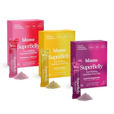Blume SuperBelly Variety Pack, Gut Health Hydration Packets, Sugar-Free, with Prebiotics, Probiotics, Apple Cider Vinegar, and Electrolytes, Strawberry, Lemon, and Acai, 21 Sticks