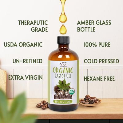 Pure Organic Cold Pressed Castor Oil - USDA Certified Unrefined Glass Bottle for Oil Pack Wrap, Face, Hair Growth, Eyelashes, Eyebrows - 16oz