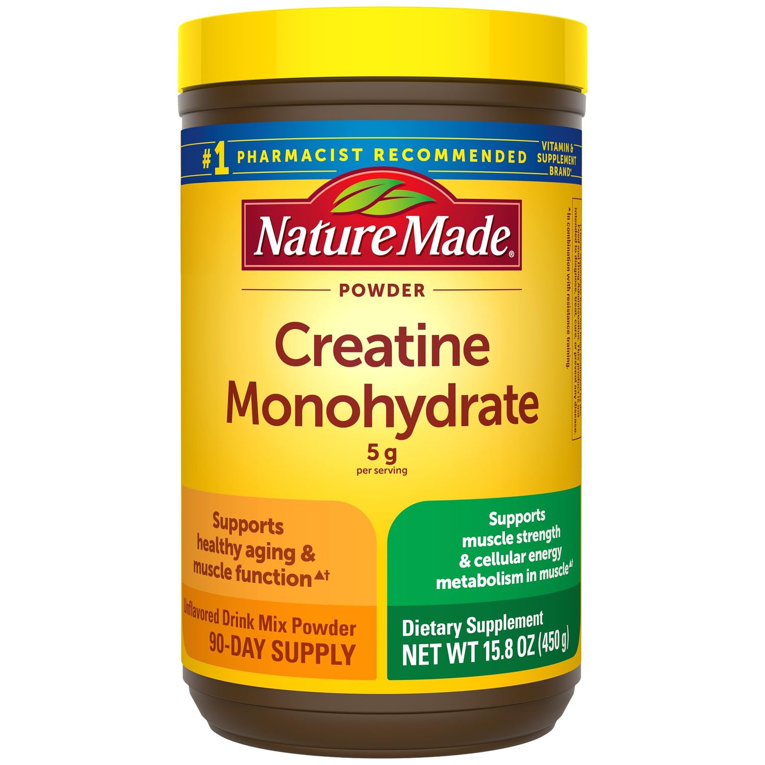 Nature Made Creatine Monohydrate Powder 5 g per Serving, Unflavored Drink Mix Powder, Muscle Support, 450 g, 90 Day Supply