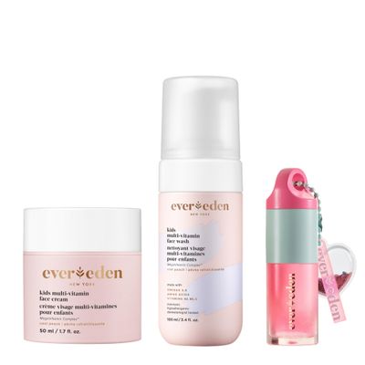 Evereden Happy Kids Skin Lips Routine - Multi-Vitamin Face Wash Face Cream Peach Tinted Lip Oil Sakura Pink Set - Clean Vegan Skin Care for Kids 3 - Moisturizing, Nourishing, Protective