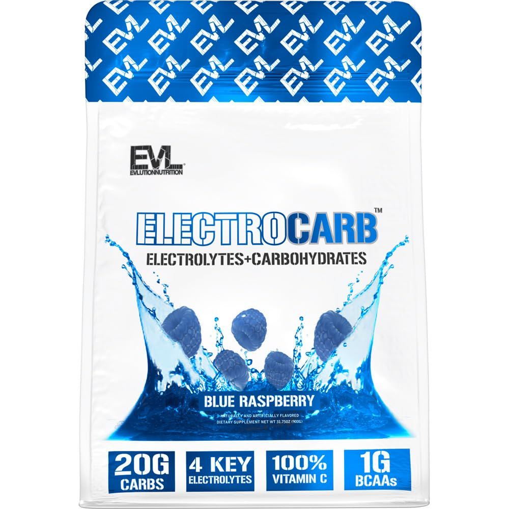 Evlution Nutrition ElectroCarb - Electrolytes Carbohydrates - Hydration Support, Endurance Muscle Recovery - 20g Carbs, 4 Key Electrolytes 1g BCAAs - Blue Raspberry - 30 Servings