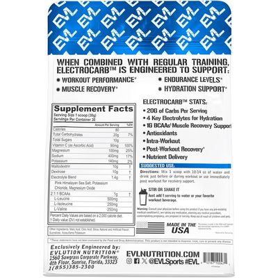 Evlution Nutrition ElectroCarb - Electrolytes Carbohydrates - Hydration Support, Endurance Muscle Recovery - 20g Carbs, 4 Key Electrolytes 1g BCAAs - Blue Raspberry - 30 Servings