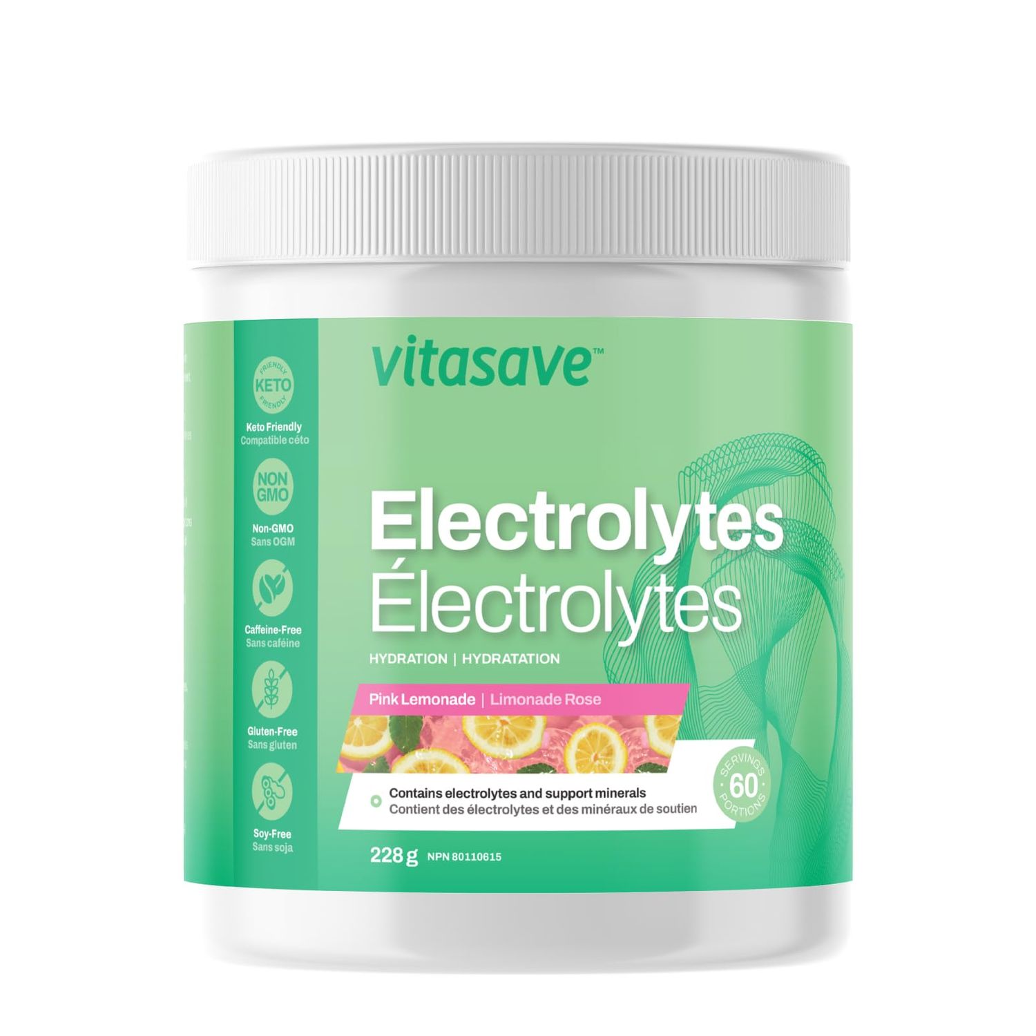 Vitasave Electrolyte Powder - Sugar-Free Hydration Drink Mix with Sodium, Potassium Magnesium - No Calories, Keto Vegan-Friendly, Rapid Recovery of Muscles - Pink Lemonade (228g, 60 Servings)