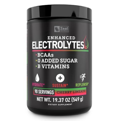 Zeal Naturals Electrolyte Powder Recovery Drink (90 Servings Cherry Limeade) w 0 Sugar BCAAs B-Vitamins Electrolyte Supplement w Potassium Zinc Magnesium for Hydration - Keto Electrolytes