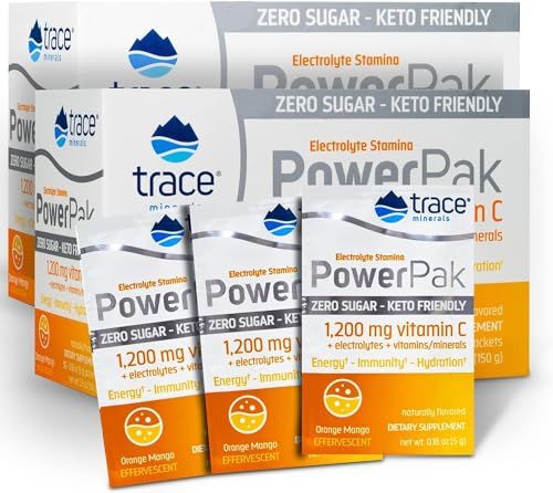 Trace Minerals Power Pak Sugar Free Electrolyte Powder Packets 1200 mg Vitamin C, Zinc, Magnesium Boost Immunity, Hydration and Natural Energy Keto Friendly Orange Mango 60 Packets
