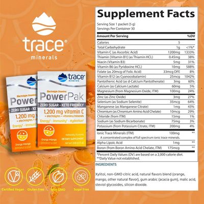 Trace Minerals Power Pak Sugar Free Electrolyte Powder Packets 1200 mg Vitamin C, Zinc, Magnesium Boost Immunity, Hydration and Natural Energy Keto Friendly Orange Mango 60 Packets