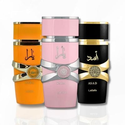 Lattafa for Unisex 3 Piece Eau de Parfum Gift Set (Yara for Women Yara Tous for Women Asad for Men) 3.4 Ounce100 ml each