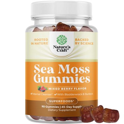 Natures Craft Irish Sea Moss Gummies for Women, Men Kids - Immune Support Supplement with Irish Sea Moss, Bladderwrack Burdock Root - Detox Gummies for Body Cleanse - 90 Chewable Gums