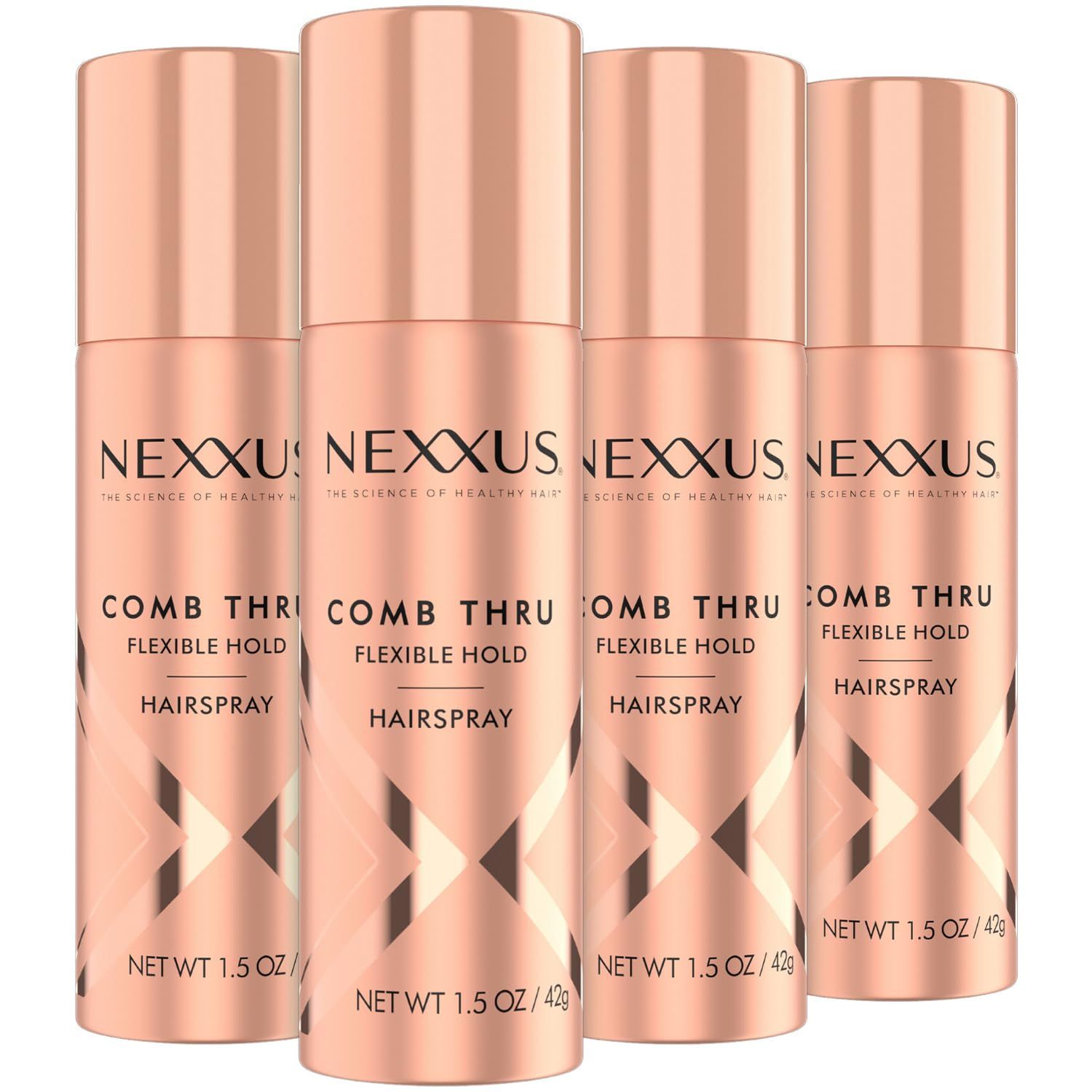Nexxus Travel Hairspray, Comb Thru Flexible Hold 4-Pack - 72-Hour Anti-Humidity Shield, 48-Hour Frizz Control, Rose Fragrance, 1.5 Oz Ea