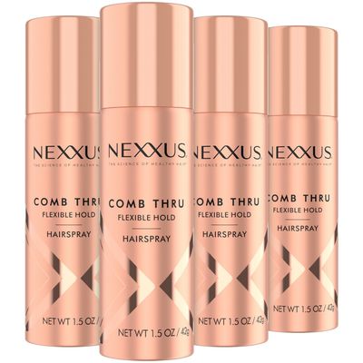 Nexxus Travel Hairspray, Comb Thru Flexible Hold 4-Pack - 72-Hour Anti-Humidity Shield, 48-Hour Frizz Control, Rose Fragrance, 1.5 Oz Ea