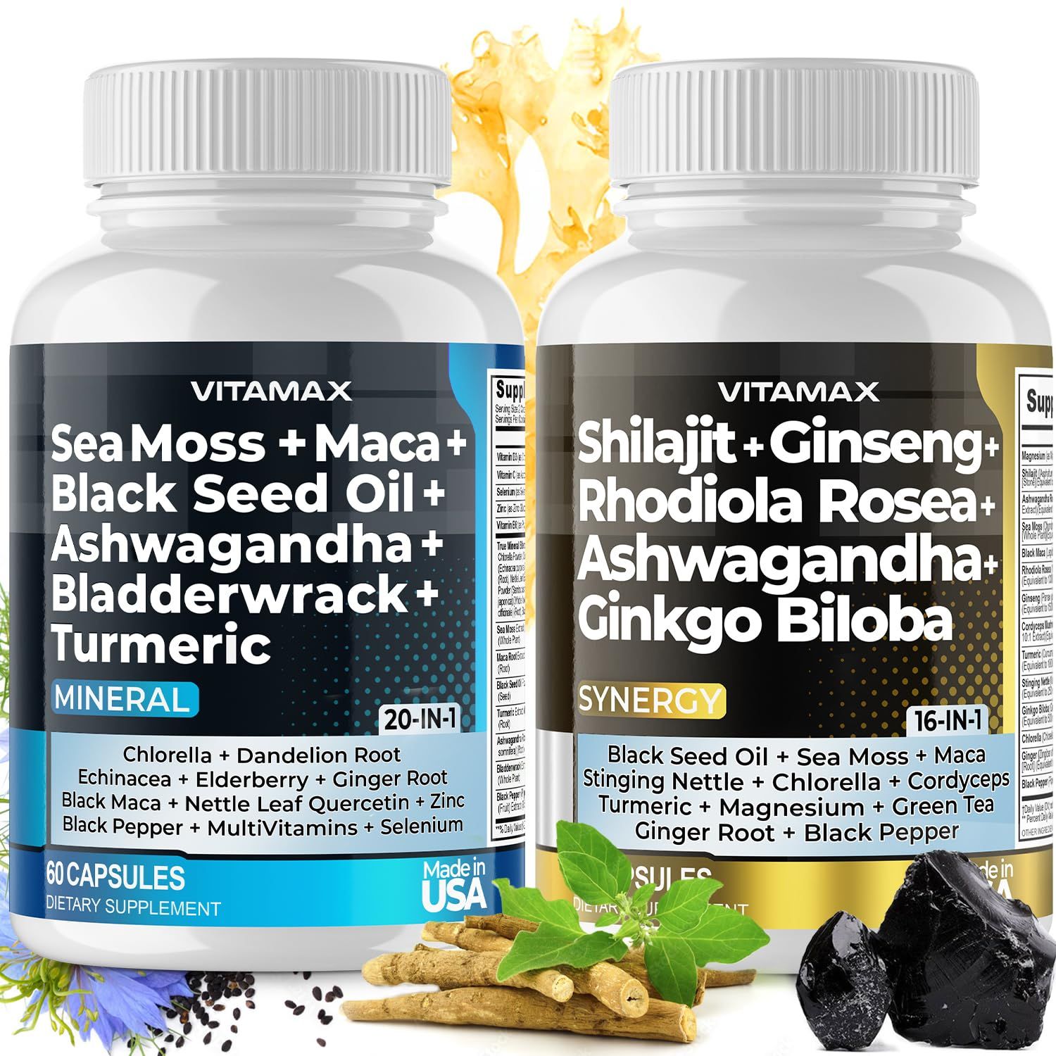 Pure Himalayan Shilajit Supplement, Sea Moss, Ashwagandha, Bladderwrack, Gingko Biloba, Organic Capsules Trace Mineral for - Non-GMO - Vegan - Men and Women - Made in USA