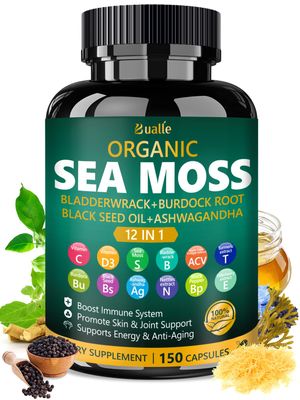 Bualle Organic Sea Moss Capsules with Sea Moss,Black Seed Oil,Ashwagandha,Bladderwrack,Ginger,Burdock Root for Immune System,Skin,Energy Support-150 Capsules (1 Pack)