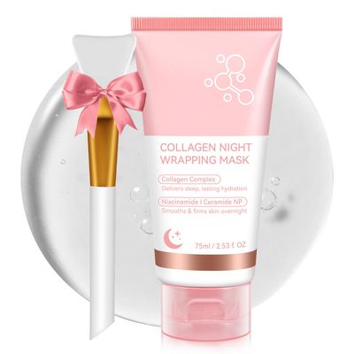 Shuangjia Collagen Night Wrapping Mask with Brush 2.53 fl.oz, Collagen Overnight Wrapping Peel Off Facial Mask Pack, Reduces Sagging Dullness - Hydrolyzed Collagen For Glowing Skin, For Glass Skin