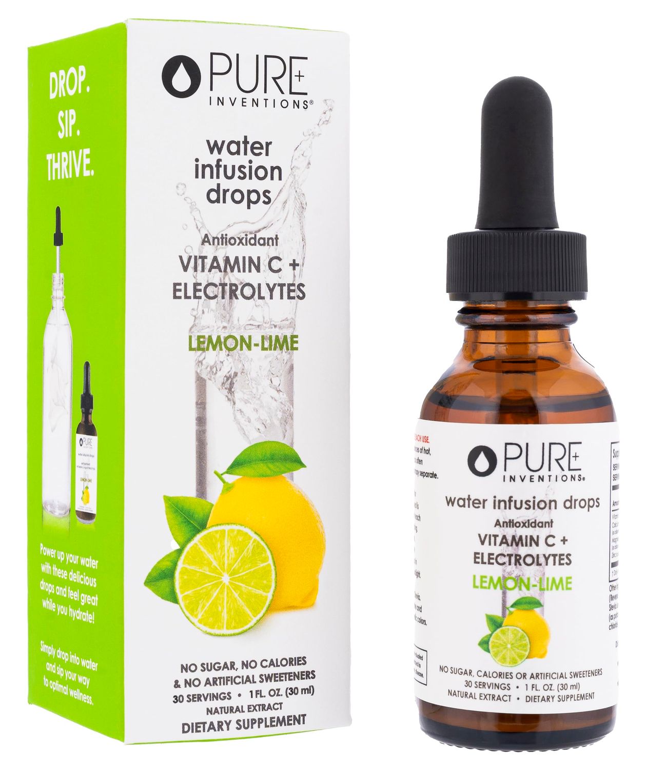 Pure Inventions Antioxidant Vitamin C Electrolytes - Lemon Lime Flavored - Water Infusion Drops - No Sugar, Calories, or Artificial Sweeteners - 30 servings - 1oz each