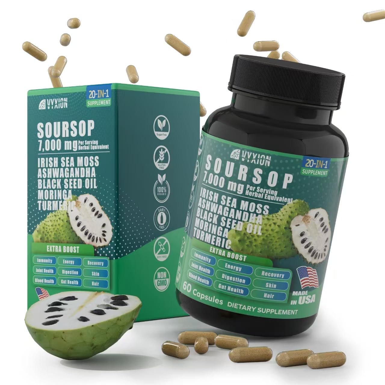 Soursop Graviola Supplement with Sea Moss, Moringa, Turmeric, Black Seed Oil, Oregano, Ashwagandha 20-in-One Herbal extracts for Overall Health-Enhancing Vegan, Non-GMO 60 Capsules