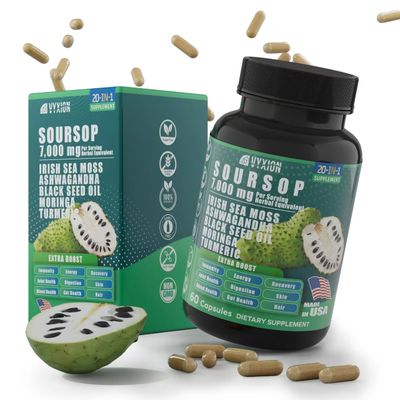 Soursop Graviola Supplement with Sea Moss, Moringa, Turmeric, Black Seed Oil, Oregano, Ashwagandha 20-in-One Herbal extracts for Overall Health-Enhancing Vegan, Non-GMO 60 Capsules