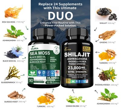 DLNIA Shilajit 9000mg, Sea Moss 17500mg, Ginger Black Seed Oil 4000mg, Ashwagandha 5000mg, Rhodiola Rosea, 1000mg Panax Ginseng 1500mg, All in 1 Supplement - Sea Moss Shilajit Vitality Bundle