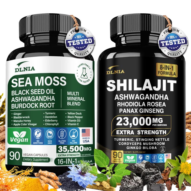 DLNIA Shilajit 9000mg, Sea Moss 17500mg, Ginger Black Seed Oil 4000mg, Ashwagandha 5000mg, Rhodiola Rosea, 1000mg Panax Ginseng 1500mg, All in 1 Supplement - Sea Moss Shilajit Vitality Bundle