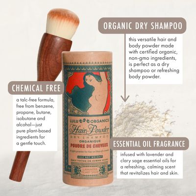 Non Aerosol Dry Shampoo Powder with Brush for Dark, Blonde and Oily Hair, All Natural Organic Hair and Body Powder, Paraben Talc free No White Cast Synthetic Fragrance, Lavender Clary Sage - 4oz