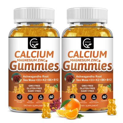 1200mg Calcium Gummies with Vitamin D3,K2,B12 B6 - Plant Complex Calcium Magnesium Supplement with Glycinate,Potassium,Sea Moss,Ashwagandha Root for Bone Teeth Strength, Muscle Immune-2 Pack