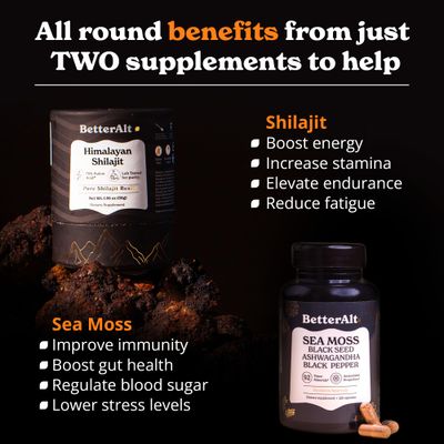 Better Alt Shilajit Resin 30 gm Sea Moss Capsules Energy Duo Pure Himalayan Shilajit Gold Grade for Men Women with High Potency Irish Sea Moss with Black Seed Oil