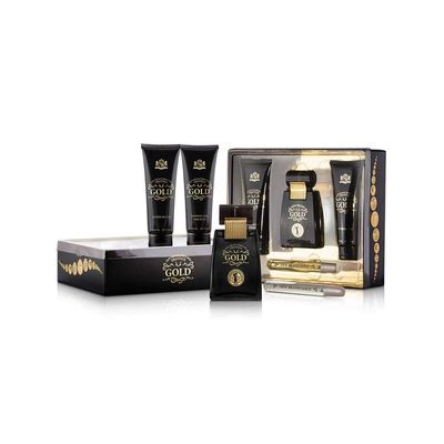 New Brand Perfumes Gold by New Brand for Men - 4 Pc Gift Set 3.3oz EDT Spray,4.3oz Shower Gel,4.3oz After Shave,0.5oz EDT Spray