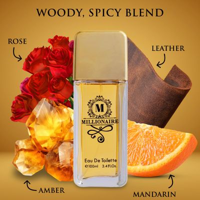 Millionaire Eau De Toilette for Men Citrus, Woody Spicy Blend Top Notes of Orange Grapefruit with Mint - Base Notes of Amber, Leather Patchouli - Vegan Cruelty-Free - Elegant 100ml Bottle