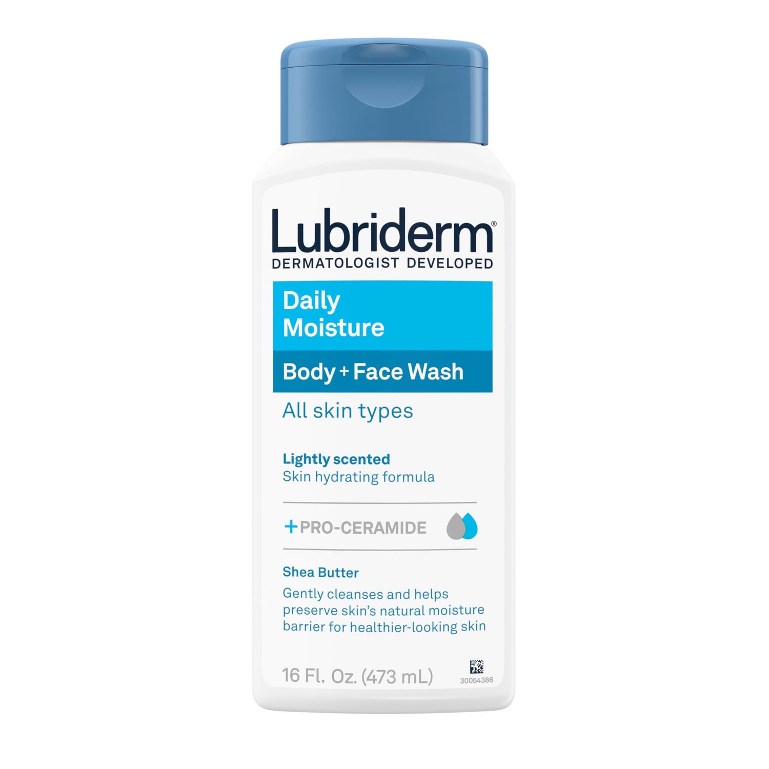 Lubriderm Daily Moisture Body Face Wash, Hydrating Body Wash Moisturizing Facial Cleanser with Pro-Ceramide Shea Butter to Gently Cleanse, Light Fragrance Hypoallergenic, 16 fl. oz
