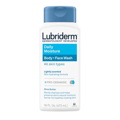 Lubriderm Daily Moisture Body Face Wash, Hydrating Body Wash Moisturizing Facial Cleanser with Pro-Ceramide Shea Butter to Gently Cleanse, Light Fragrance Hypoallergenic, 16 fl. oz