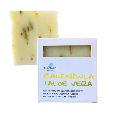 Bluebyrd Soap Co. Calendula Aloe Vera Soap Bar Fragrance Free -Soothes Dry, Itchy, Cracked, Irritated Skin 100 Natural Calendula Cleansing Soap Bar- Organic Oils, Vegan (Calendula, BAR)