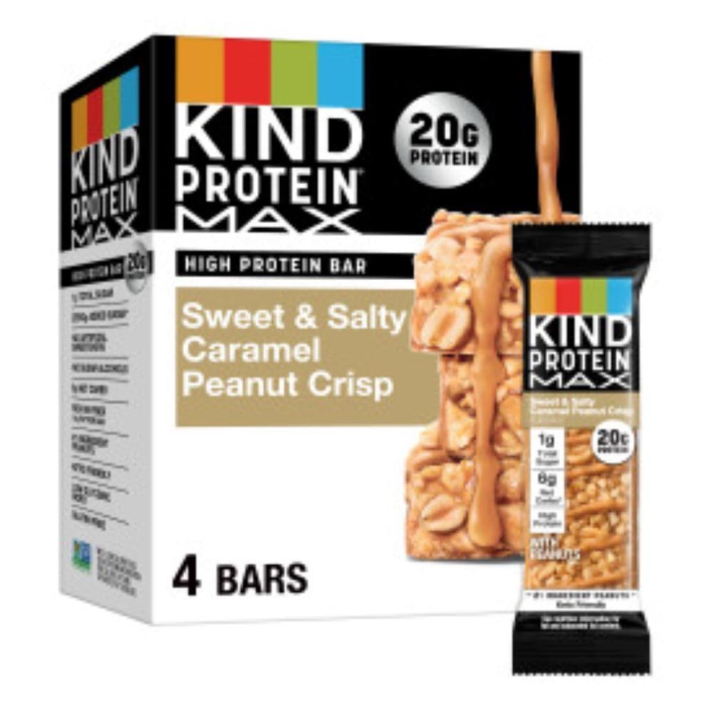 KIND Protein MAX Sweet Salty Caramel Peanut Crisp Snack Bars, 20g of Protein, Keto Friendly, 1g of Sugar Per Bar, Gluten Free, 4 Count Box