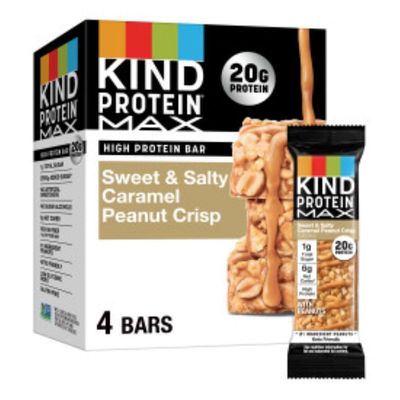 KIND Protein MAX Sweet Salty Caramel Peanut Crisp Snack Bars, 20g of Protein, Keto Friendly, 1g of Sugar Per Bar, Gluten Free, 4 Count Box