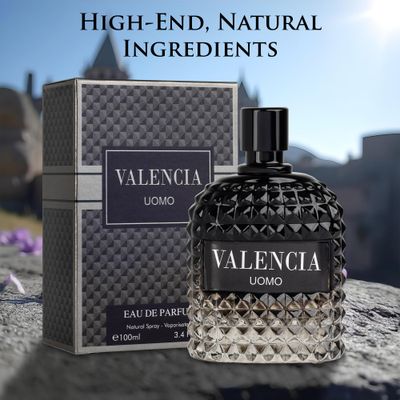 Valencia UOMO for Men Eau De Parfum - Woody Aromatic Fragrance - Floral Twist Blended with a Cool Facet of Mineral Notes Salt - Edgy yet Masculine Scent - Cologne or Everyday Use - 100ml Bottle