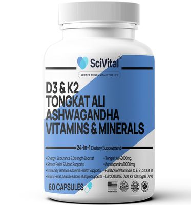 Ashwagandha 10000mg Tongkat Ali 40000mg Supplement with Multivitamin D3 K2 - Men&#39;s Health Stress, Mood, Energy, Endurance Support - Ashwagandha Capsules Tongkat Ali for Men USA - 60 Count