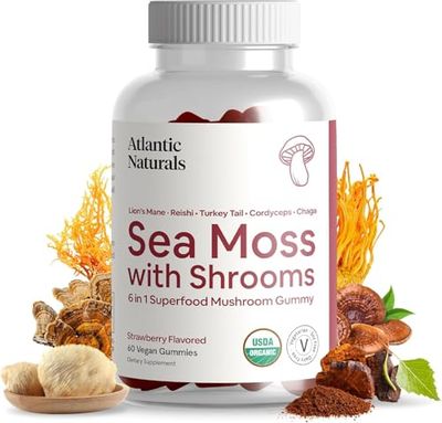 Atlantic Naturals Sea Moss with Shrooms - Mushroom Gummies Supplement - Organic Superfood with Irish Moss, Lion&#39;s Mane, Reishi, Cordyceps, Chaga Turkey Tail - Focus, Energy, Immune Health - 60 ct