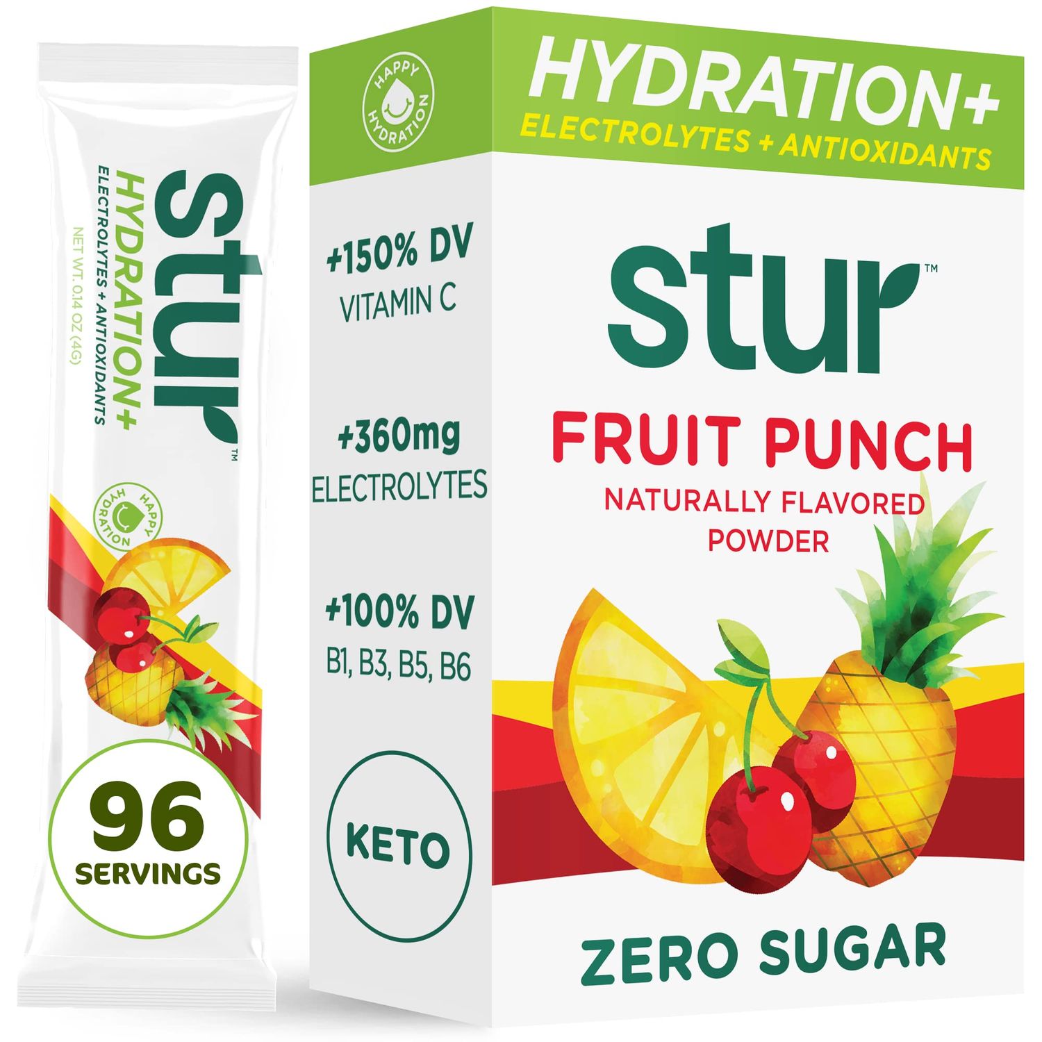 Stur Electrolytes Powder Hydration Packets Fruit Punch Sugar Free Water Flavor Packets for Workout Recovery High Antioxidants B Vitamins Keto, Vegan, Non-GMO, Paleo, 96 Packets