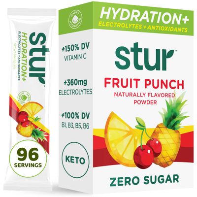Stur Electrolytes Powder Hydration Packets Fruit Punch Sugar Free Water Flavor Packets for Workout Recovery High Antioxidants B Vitamins Keto, Vegan, Non-GMO, Paleo, 96 Packets