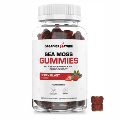 ORGANICS NATURE Irish Sea Moss Gummies for Lung Detox, Thyroid, Strength Immune Energy Support, Vegan Seamoss Gummies for Kids Adults - 60 Vegan Gummy Bears Berry Flavored