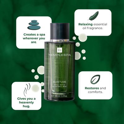 TEMPLESPA QUIETUDE Chill Out Sleep Well Mist - Natural Body Spray, Natural relaxation aid, Lavender, Vetivert, Cedarwood, Chamomile Fragrance, Natural Ingredients, Vegan 3.3 fl.oz.