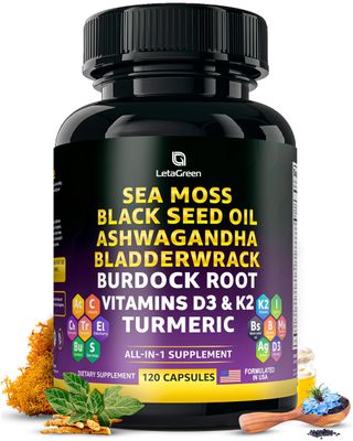 Sea Moss Black Seed Oil Ashwagandha Bladderwrack Burdock Turmeric Vitamin C, D3, K2 with ACV Elderberry Manuka Honey Dandelion Yellow Dock Iodine Chlorophyll 120 Count