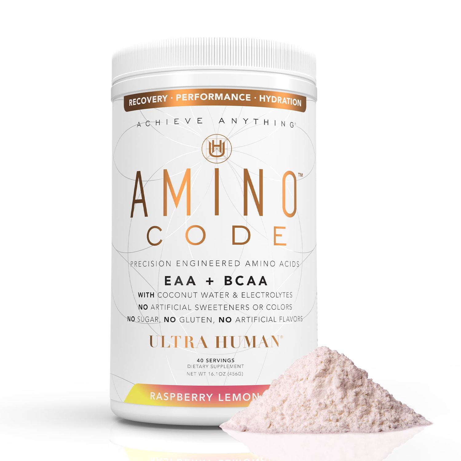 Ultra Human Amino Code Essential Amino Acids BCAAs Coconut Water Electrolytes Fast Hydration Workout Recovery Amino Energy Powder Drink Clean Formula, 40 Servings - Raspberry Lemonade