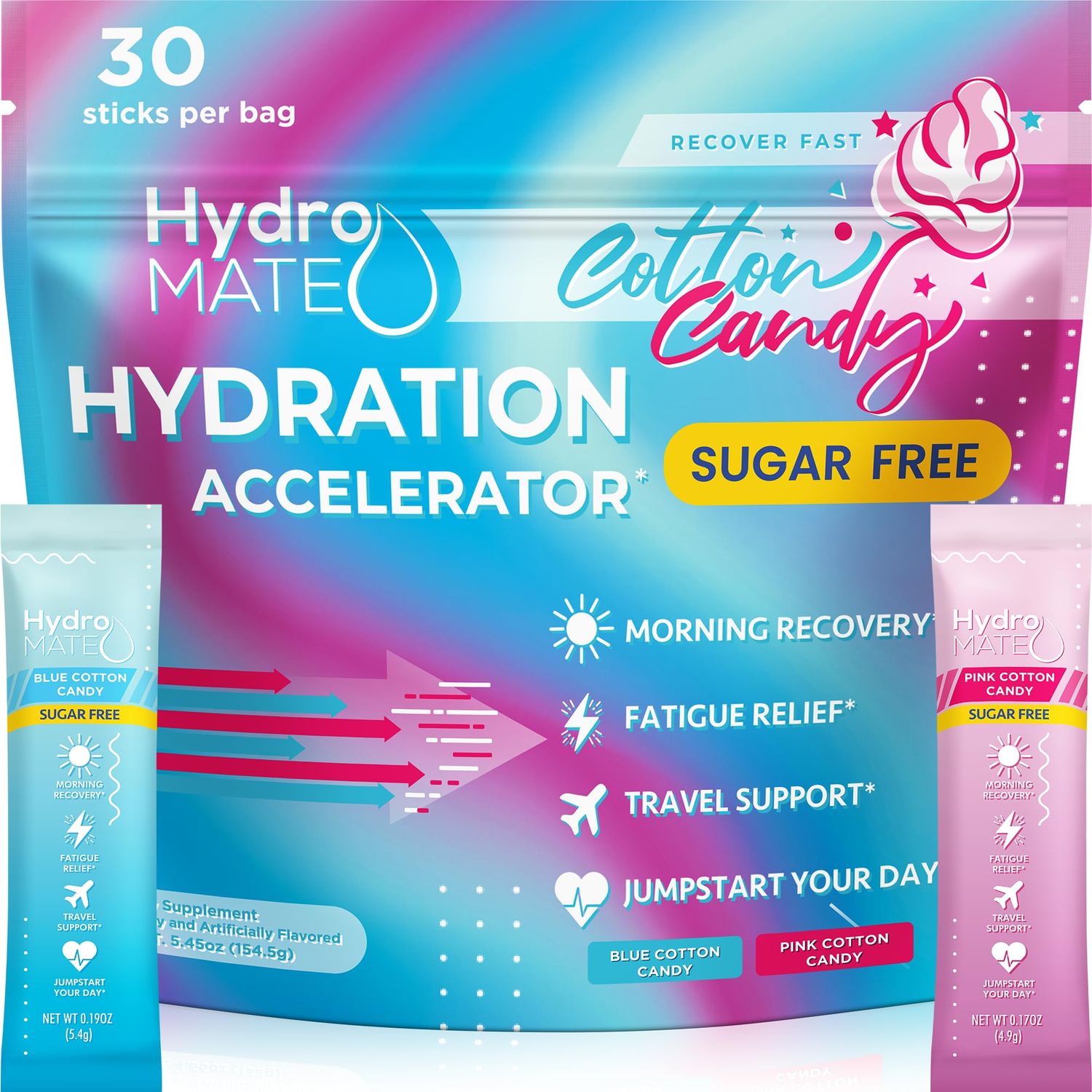 HydroMATE Electrolytes Powder No Sugar Cotton Candy - 30 Count Instant Hydration Packets with Vitamin C to Boost Energy - Sugar Free Electrolytes to Support Hydration on Keto Diet Party Recovery