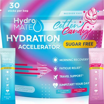 HydroMATE Electrolytes Powder No Sugar Cotton Candy - 30 Count Instant Hydration Packets with Vitamin C to Boost Energy - Sugar Free Electrolytes to Support Hydration on Keto Diet Party Recovery