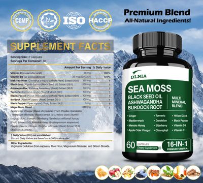 16-in-1 Organic Sea Moss, Ashwagandha, Black Seed Oil, Turmeric, Bladderwrack Burdock, Vitamin C D3 with Elderberry Manuka Dandelion Yellow Dock