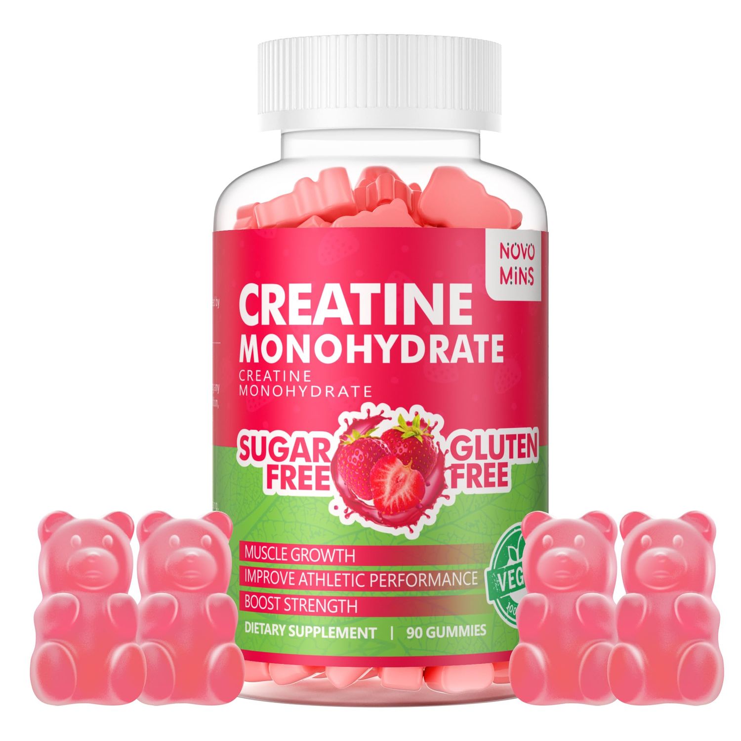 Novomins Creatine Monohydrate Gummies 5000mg for Men Women, Chewables Creatine Monohydrate for Muscle Strength, Muscle Builder, Energy Boost, Pre-Workout Supplement(90 Count)-Strawberry Flavor